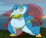  beak belly_dancer belly_dancing big_breasts blue blue_body blue_eyes breasts dancing female gillpanda midriff morbidly_obese navel one_eye_closed overweight penguin photo_background solo 