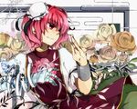  bad_id bad_pixiv_id bandages bun_cover chain chinese_clothes cuffs double_bun egasumi face fighting_stance floral_background flower ibaraki_kasen leaf orange_flower orange_rose patterned pink_eyes pink_flower pink_hair pink_rose plant puffy_sleeves rose short_hair short_sleeves skirt smile sofy solo tabard touhou white_flower white_rose 