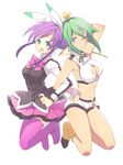  aquarion_(series) aquarion_evol cleavage_cutout green_eyes green_hair hair_bun hair_ornament jumping locked_arms midriff mikono_suzushiro multiple_girls navel no_shoes one_eye_closed purple_eyes purple_hair purple_legwear ribbon short_shorts shorts skirt watase_rei zessica_wong 