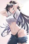  1girl absurdres arms_up asymmetrical_clothes black_hair black_panties blush breasts closed_mouth clothes_pull commentary_request contrapposto cowboy_shot crop_top denim groin hair_between_eyes hair_ribbon highres jeans kanzaki_kaori large_breasts long_hair looking_at_viewer making-of_available navel panties pants pants_pull ponytail purple_eyes ribbon shiro_font shirt short_sleeves sidelocks signature single_pantsleg solo standing stomach tied_shirt toaru_majutsu_no_index underwear very_long_hair watermark white_shirt yellow_ribbon 