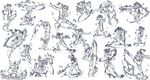  araragi_karen bakemonogatari collage fire greyscale hair_ornament handstand highres kicking landing martial_arts monochrome monogatari_(series) multiple_views nisemonogatari pose running sakino_shingetsu short_hair sketch squatting traditional_media 