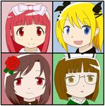  blonde_hair blue_eyes brown_eyes brown_hair casper_(deathsmiles) deathsmiles flower follett_(deathsmiles) glasses hair_flower hair_ornament hat mahou_shoujo_madoka_magica mole multiple_girls nagatsuki_yuu nurse_cap parody portrait red_eyes red_flower red_hair red_rose ribbon rosa_(deathsmiles) rose semi-rimless_eyewear smile style_parody windia_(deathsmiles) 