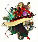  belt black_pants blazblue coat gloves green_eyes hakama heterochromia highres huge_weapon inazumrai japanese_clothes left-handed male_focus multiple_belts pants ragna_the_bloodedge red_eyes silver_hair solo sword weapon 