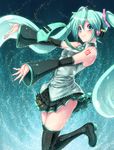  aqua_eyes aqua_hair bare_shoulders boots detached_sleeves hatsune_miku highres long_hair nail_polish necktie outstretched_arms rokko skirt smile solo thigh_boots thighhighs twintails very_long_hair vocaloid 