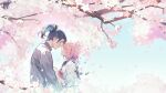  1boy 1girl ahoge black_hair black_shirt blue_hair blue_sailor_collar blue_streaks character_request cherry_blossoms commentary digital_dissolve english_commentary face-to-face glitch green_eyes height_difference hetero highres medium_hair neckerchief osu! pink_hair pink_neckerchief pippi_(osu!) pleated_skirt ponytail sailor_collar school_uniform serafuku shirt skirt three-quarter_sleeves tofumang white_serafuku white_shirt white_skirt 