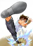  1boy absurdres attack bandaid bandaid_on_cheek bandaid_on_face black_pants brown_eyes brown_hair commentary_request crack cracked_floor flipped_hair full_body highres kicking leg_up matsuena_shun motion_blur motion_lines official_art open_hand pants shijou_saikyou_no_deshi_ken'ichi shirahama_ken'ichi sleeveless solo standing standing_on_one_leg sweat v-shaped_eyebrows white_dougi wide-eyed wind 
