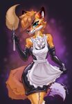 abstract_background anthro apron armwear blep canid canine chest_tuft clothing dress elbow_gloves female fluffy fox gloves handwear hi_res highlights_(coloring) latex latex_clothing latex_dress latex_gloves latex_handwear long_tail looking_at_viewer maid_uniform mammal pinup pose red_highlights solo stirren tail tight_clothing tight_dress tongue tongue_out tuft uniform
