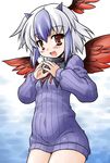  akou_roushi alternate_costume blush bottomless brown_eyes head_wings horns multicolored_hair naked_sweater no_pants red_wings ribbed_sweater simple_background single_head_wing smile solo sweater tokiko_(touhou) touhou two-tone_hair wings 