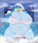  beak big_breasts blue blue_body blue_eyes blush breasts cleavage clothed clothing crying female gillpanda huge_breasts morbidly_obese navel nipples overweight penguin photo_background sad solo towel water 