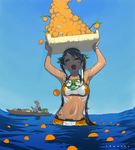  1girl :d arancia armpits arms_up bare_shoulders bikini bikini_top blue_sky boat brown_hair crop_top day diving_mask food fruit heart heart_in_mouth holding holding_food holding_fruit midriff navel nekkeau ocean open_mouth orange orange_bikini orange_eyes original sky smile snorkel swimsuit twintails wading watch water watercraft wet wristwatch 