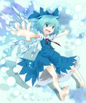  barefoot blue_dress blue_eyes blue_hair blurry bow cirno danmaku dress fang feet hair_bow highres open_mouth outstretched_arms shirt short_hair smile solo spread_arms touhou toutenkou wings 