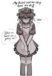  1boy akinashi_haru animal_ears april_fools_2025_cat_ear_maid_outfit_(saihate_eki) apron cat_ears collar collarbone commentary crossdressing cuffs dress english_commentary english_text enmaided feet_out_of_frame frilled_apron frilled_collar frilled_dress frills gloom_(expression) greyscale hair_between_eyes handcuffs highres looking_down maid maid_apron maid_headdress male_focus monochrome puffy_short_sleeves puffy_sleeves saihate_eki short_hair short_sleeves sketch solo speech_bubble sweat thighhighs thought_bubble tosteurmori 