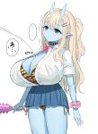  1girl absurdres animal_print bfmelu blonde_hair blue_eyes blue_skin blue_skirt bra breasts cleavage club_(weapon) collar colored_skin commentary_request cowboy_shot gyaru hair_ornament hairclip highres horns huge_breasts kanabou long_hair microskirt oni original panties pleated_skirt scrunchie setsubun shirt shirt_tucked_in simple_background skin-covered_horns skirt solo spiked_collar spikes tiger_print translated underwear weapon white_background white_shirt wrist_scrunchie 