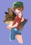  1girl animal asymmetrical_clothes blue_background blush breasts brown_eyes brown_hair cat commentary_request denim flipped_hair from_side green_hat hat highres jeans looking_at_viewer matsuena_shun nanjou_kisara official_art pants red_shirt shijou_saikyou_no_deshi_ken'ichi shirt short_hair short_sleeves simple_background single_pantsleg small_breasts solo thighs torn_clothes torn_jeans torn_pants v-shaped_eyebrows 