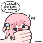  1girl blank_stare blue_eyes bocchi_the_rock! chibi confused cube_hair_ornament english_text gotoh_hitori hair_ornament highres holding holding_mini_person long_hair lulalang mini_person minigirl one_side_up open_mouth out_of_frame pink_hair simple_background solo_focus speech_bubble talking twitter_username white_background 