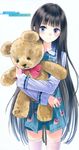  black_hair blue_eyes highres kami-sama_no_memo-chou kishida_mel light_smile long_hair object_hug pajamas shionji_yuuko shorts solo stuffed_animal stuffed_toy teddy_bear thighhighs very_long_hair white_legwear 