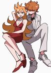  1boy 1girl arm_up black_bow black_bowtie bow bowtie breasts brief_(psg) cleavage commentary dress hair_over_eyes high_heels jacket jewelry long_hair looking_at_another looking_at_viewer necklace pants panty_&amp;_stocking_with_garterbelt panty_(psg) pearl_necklace red_dress red_hair red_shoes shoes short_hair simple_background suit white_background white_jacket white_pants white_shoes white_suit wpous121 