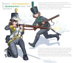  2girls aiming antique_firearm bad_id bad_twitter_id belt black_boots black_hat black_jacket black_pants blue_eyes boots brown_hair buttoned_cuffs buttons closed_mouth coat double-breasted english_text finger_on_trigger firelock firing flintlock full_body green_eyes grey_coat grey_pants gun gun_sling hat holding holding_gun holding_weapon jacket kneeling long_sleeves looking_ahead military military_coat military_hat military_uniform multicolored_coat multiple_girls musket muzzle_flash original ostwindprojekt pants saber_(weapon) scabbard sheath sheathed short_hair simple_background smoke smoking_barrel soldier swedish_army sword top_hat two-tone_coat weapon white_background white_belt yellow_coat 