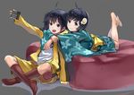  ahoge araragi_karen araragi_tsukihi arms_around_neck bakemonogatari barefoot black_eyes black_hair camera highres lying monogatari_(series) multiple_girls necolab nisemonogatari on_stomach siblings sisters sketch socks 