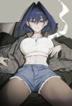  1girl absurdres blue_eyes blue_hair cigarette cowboy_shot cropped_sweater denim denim_shorts fur-trimmed_shorts fur_trim hair_between_eyes hair_intakes hashtag-only_commentary highres holding holding_cigarette hololive hololive_english hunk_404 jewelry light_blush looking_at_viewer midriff navel necklace open_clothes ouro_kronii pantyhose pillow plaid_clothes short_hair shorts sitting smoke smoke_trail smoking solo stomach sweater thighs toned toned_female white_sweater 