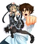  1boy 1girl absurdres bandaid bandaid_on_cheek bandaid_on_face black_dress black_shoes black_thighhighs blonde_hair blue_pants blush bow breasts brown_eyes brown_hair cleavage clenched_hand clenched_hands closed_mouth commentary_request curtained_hair detached_sleeves dress flipped_hair frilled_dress frilled_hairband frills gothic_lolita green_eyes hairband highres kokorone_rimi lolita_fashion mary_janes matsuena_shun medium_breasts official_art open_mouth pants shijou_saikyou_no_deshi_ken'ichi shirahama_ken'ichi shoes short_hair sidelocks simple_background sleeveless sleeveless_dress smile thighhighs tsurime v-shaped_eyebrows white_background white_bow white_dougi 