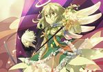  1girl alternate_color bad_id bad_pixiv_id blonde_hair cropped_jacket dress elize_lutus frills green_dress halo jewelry maruishi pendant short_hair smile staff tales_of_(series) tales_of_xillia teepo_(tales) white_hair wingul_(tales) 