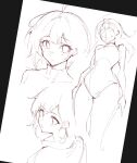  1girl ahoge closed_mouth commentary double-parted_bangs english_commentary frown greyscale highres looking_at_viewer looking_back monochrome multiple_views osu! parted_lips pippi_(osu!) short_hair simple_background sketch tofumang turtleneck unfinished white_background 