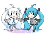  blue_hair chibi detached_sleeves dual_persona hatsune_miku long_hair multiple_girls skirt sorakase_sawa symmetry twintails very_long_hair vocaloid white_hair yuki_miku 