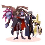  2boys a_nzi_end aegislash arm_behind_head black_coat black_gloves bodysuit brown_hair brown_shoes coat coat_on_shoulders commentary_request crossover fate/grand_order fate_(series) fingerless_gloves full_body gloves grey_bodysuit grey_hair highres hijikata_toshizou_(fate) holding holding_poke_ball hydreigon male_focus multiple_boys poke_ball poke_ball_(basic) pokemon pokemon_(creature) red_gloves saitou_hajime_(fate) shoes short_hair 