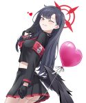  1girl absurdres armband ass balloon black_choker black_gloves black_hair black_sailor_collar black_serafuku black_shirt black_skirt black_wings blue_archive choker commentary feathered_wings gloves hair_ornament hairclip halo heart heart_balloon highres ichika_(blue_archive) js_71535 long_hair long_sleeves low_wings midriff neckerchief one_eye_closed red_armband red_halo red_neckerchief safety_pin sailor_collar school_uniform serafuku shirt simple_background skirt smile solo unusually_open_eyes white_background wings 