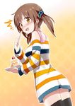  1girl black_legwear blush brown_hair cake caught food fork gochou_(atemonai_heya) idolmaster idolmaster_cinderella_girls looking_back off_shoulder open_mouth short_hair solo strawberry_shortcake striped thighhighs totoki_airi twintails yellow_eyes 