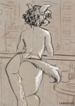 2026 anthro artist_name balcony big_butt bodily_fluids building butt canid canine canis city clothed clothed_anthro clothed_female clothing container cup curly_hair domestic_dog ear_piercing female female_anthro female_peeing fur furniture genital_fluids greyscale hair hi_res lameboast leaning leaning_forward mammal monochrome mug peeing piercing short_hair sketch skyscraper snout solo spot_color strife_(lameboast) table tail text thong thong_only topless topless_anthro topless_female underwear underwear_only urine urine_on_leg watersports wetting