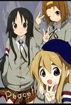  akiyama_mio aru923 bad_id bad_pixiv_id beret black_eyes black_hair blonde_hair blue_eyes brown_eyes brown_hair cardigan hairband hat k-on! k-on!_movie kotobuki_tsumugi long_hair multiple_girls plaid plaid_skirt short_hair skirt tainaka_ritsu v zoom_layer 