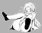  akino_sora ass blush covering covering_crotch greyscale long_hair mary_janes monochrome original panties panties_over_pantyhose pantyhose scarf shoes solo tears trembling underwear 