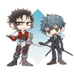  2boys a_nzi_end bags_under_eyes black_eyes black_hair black_jacket black_necktie black_pants brown_shoes collared_shirt commentary_request fate/grand_order fate_(series) grey_hair highres hijikata_toshizou_(fate) holding holding_sword holding_weapon jacket male_focus multiple_boys necktie pants red_eyes saitou_hajime_(fate) shirt shoes sword weapon white_shirt 