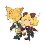  2girls animal_ear_fluff animal_ears black_jacket black_skirt black_tube_top blonde_hair blue_shorts blush body_fur breasts burnice_white cat_ears cat_girl cat_tail cleavage closed_eyes closed_mouth crop_top fluffy_tail full_body fur-trimmed_shorts fur_trim furry furry_female furry_with_non-furry green_eyes heart highres holding_hands interspecies jacket looking_to_the_side mangedugruau midriff multicolored_fur multiple_girls navel pulchra_fellini shirt short_twintails shorts simple_background skirt smile spiked_jacket strapless striped_fur tail tube_top twintails white_background white_shirt yellow_fur zenless_zone_zero 