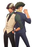  back-to-back black_hair brown_eyes brown_hair cabbie_hat cigarette company_connection cowboy_bebop crossover facial_hair formal green_hair hands_in_pockets hat kaburagi_t_kotetsu lunarclinic male_focus multiple_boys necktie spike_spiegel stubble suit sunrise_(company) tiger_&amp;_bunny vest waistcoat watch wristwatch 