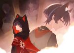  4boys alternate_costume anemo_symbol_(genshin_impact) animal_ear_fluff animal_ear_hood animal_ears animal_print bird_print black_hair black_hood black_shirt black_sleeves blue_eyes blue_gem blue_hair blunt_ends cape cat_boy cat_ears closed_mouth cross-laced_clothes cross-laced_top epaulettes eyeliner faceless faceless_male facing_away formal_clothes gem genshin_impact gold gold_trim hashtag-only_commentary head_down highres hood hood_up hooded_shirt looking_at_viewer looking_back makeup military_uniform multicolored_hair multiple_boys multiple_persona parted_bangs parted_lips red_cape red_eyeliner scaramouche_(genshin_impact) scaramouche_(kabukimono)_(genshin_impact) shaded_face shirt smile streaked_hair tsurime twitter_username vision_(genshin_impact) wanderer_(genshin_impact) white_cape white_shirt white_trim wispy_bangs yuii_03 