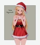  1girl artist_name bare_shoulders belt black_belt blonde_hair blue_eyes blush border clenched_hands commentary cowboy_shot dress english_commentary fur-trimmed_dress fur-trimmed_headwear fur_trim grey_background hat highres long_hair looking_at_viewer parted_bangs pointy_ears princess_zelda red_dress red_hat santa_costume santa_dress santa_hat sato_hagamaki sidelocks sleeveless sleeveless_dress solo the_legend_of_zelda triforce white_border 