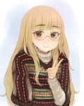  alternate_costume blonde_hair blush casual glasses highres long_hair mune perrine_h_clostermann smile solo strike_witches sweater translated upper_body v world_witches_series yellow_eyes 