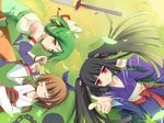  bad_id bad_pixiv_id black_hair bow brown_hair chain circle_formation closed_eyes copyright_request green_hair japanese_clothes kimono long_hair lying masaki_(machisora) multiple_girls on_back pointing red_eyes short_hair sleeping smile sword twintails weapon yellow_eyes 
