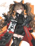  1girl absurdres alternate_breast_size_(larger) angelina_(arknights) animal_ear_fluff animal_ears arknights arknights:_endfield bare_shoulders belt black_gloves black_thighhighs breasts brown_hair character_name chinese_commentary coat commentary_request dress drop_shadow elbow_gloves fox_ears fox_girl gilberta_(arknights) gloves grey_dress headpiece high_belt high_collar highres impossible_clothes impossible_dress infection_monitor_(arknights) large_breasts lazy_eye light_blush long_hair long_sleeves looking_at_viewer off_shoulder open_clothes open_coat orange_background partial_commentary red_coat red_eyes short_dress sleeveless sleeveless_dress smile solo split_mouth thighhighs white_background yysine zettai_ryouiki 