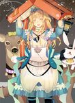  alice_(wonderland) alice_in_wonderland animal arms_up bad_id bad_pixiv_id blonde_hair blush bunny closed_eyes deer dress evers long_hair open_mouth pantyhose smile solo suitcase 
