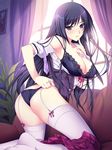  amahara_izumo areola_slip areolae ass black_bra black_hair black_panties bow bow_bra bra breasts cleavage couch garter_straps hand_on_hip harahara_shichau! highres iizuki_tasuku jpeg_artifacts lace lace-trimmed_bra large_breasts legs lingerie long_hair looking_back naughty_face panties purple_eyes skirt solo source_request thighhighs thighs underwear white_legwear window 