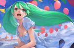  balloon cloud day dress face green_eyes green_hair hatsune_miku long_hair open_mouth sky solo toro_(konirio) twintails vocaloid white_dress wind 