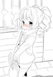  bag blush breath from_above idolmaster idolmaster_(classic) kanya_pyi lineart looking_at_viewer monochrome pov scarf shopping_bag solo spot_color takatsuki_yayoi twintails v_arms walking winter winter_clothes 