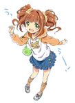  :d arm_up bad_id bad_pixiv_id bag brown_hair frog green_eyes hair_ribbon handbag heart hood hoodie idolmaster idolmaster_(classic) konayama_kata open_mouth ribbon shirt shoes skirt smile sneakers solo takatsuki_yayoi twintails 