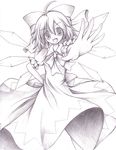  bow cirno cokua dress hair_bow hand_on_hip highres monochrome open_mouth short_hair solo touhou traditional_media wings 