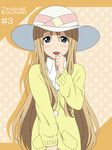  :d blonde_hair blue_eyes blush casual character_name hat ikari_manatsu k-on! kotobuki_tsumugi long_hair open_mouth polka_dot polka_dot_background smile solo sun_hat very_long_hair 