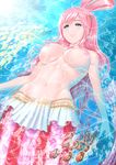  blue_eyes breasts earrings fish jewelry large_breasts light_smile long_hair mermaid monster_girl navel nipples one_piece pink_hair shirahoshi solo topless underwater yuki1977 